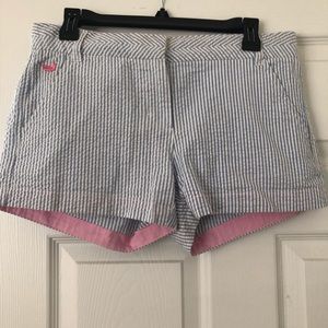 Blue Seersucker Shorts with Pink Accents
